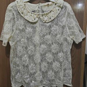 White Lace Top with Pearl Embellished Collar