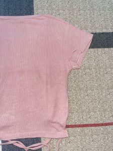 Pink Ribbed Knit Crop Top with Tie Detail