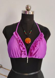 Purple Ruffled Bikini Top with Zipper