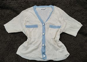y2k cute White Knit Top with Blue Trim