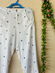 Chic Embroidered White Linen Pants