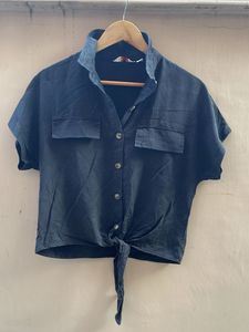 Stylish Navy Blue Tie-Front Top