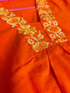 Bright Orange Embroidered Three Piece Suit Set