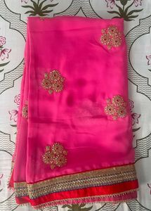 Bubblegum Pink Saree Heavy work &amp; Red velvet borde
