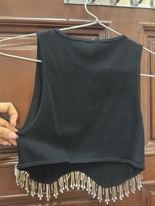 Black Crop Top with Rhinestone Fringe