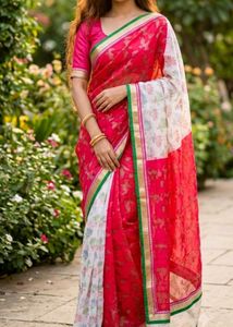 Beautiful Red Saree with White Floral Print
