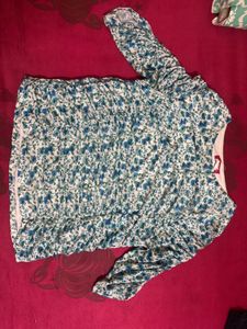 Blue Floral Ruched Puff Sleeve Top