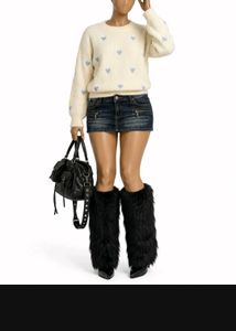 Cream Heart Pattern Fuzzy Sweater