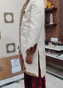Men Sherwani Dhoti Stitched Set -Offwhite &amp; Maroon