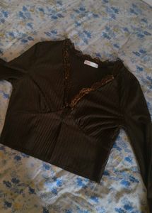 Brown Ribbed Lace Trim Crop Top💅