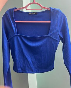 Blue Square Neck Long Sleeve Crop Top