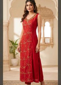 bust 44 Elegant Red Embroidered Kurta