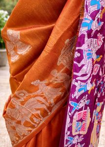 Stunning Orange Silk Saree with Purple Border