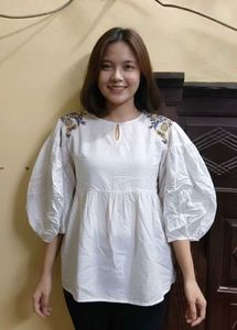 White Embroidered Balloon Sleeve Top