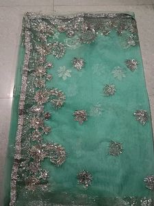 Y2K Teal saree with Silver Embellishments