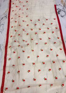 Cream Floral Embroidered Saree with Red Blouse