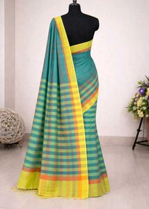 Elegant Teal &amp; Yellow Checked Saree of 1