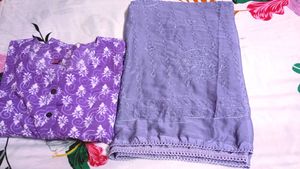 Purple Floral Print Kurta  with Dupatta