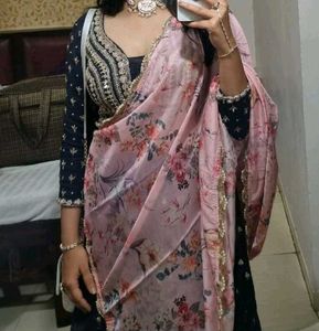 Handwork Navy Blue Lehenga Choli with Pink Dupatta