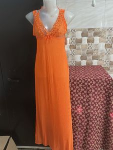 Elegant Orange Lace Trim Nightgown