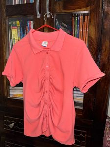 Coral Ruched Button-Up Crop Top