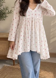 White &amp; Red Floral Printed Babydoll Tunic | Full-S