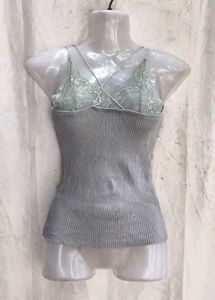 Grey Ribbed Lace Trim Camisole Top