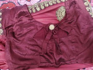 Elegant maroon plain Saree with patchwork