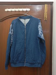 Blue Bomber Jacket with Leaf Embroidery