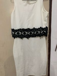 Women's White Dress with Black Lace Detail