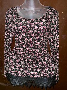 Floral Print Long Sleeve Top with Lace Trim