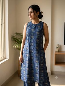 Stylish Blue Lotus Print Kurta Set