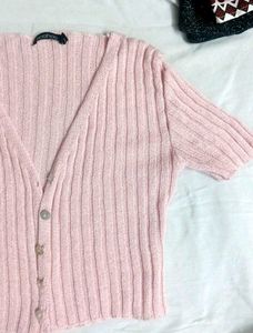 Pink Ribbed Cropped Cardigan