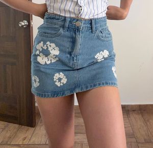 Denim Mini Skirt with Floral Print