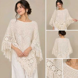 Cream Crochet Poncho with Fringe