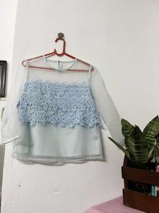 Light Blue Lace & Sheer Blouse