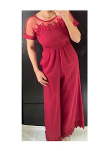 Elegant Red Lace Trim Jumpsuit