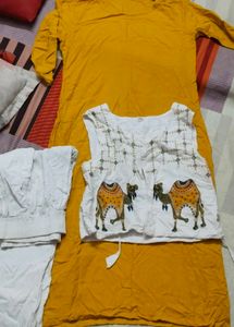 Yellow Kurta Set with Camel Print Jacket
