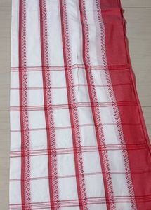 73)Traditional Red White Pure Cotton Saree