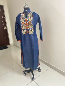 Denim Kurta with Floral Embroidery