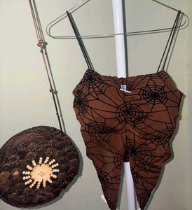 Brown Spiderweb Ruched GOTH Crop Top