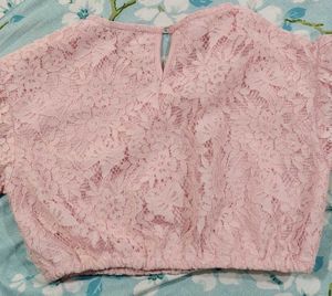 Denim Mini Skirt with pink lace crop t