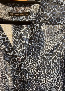 zara basic Sheer Leopard Print ruffle Blouse