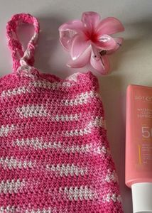 Crocheted Pink &amp; White Striped Tank Top