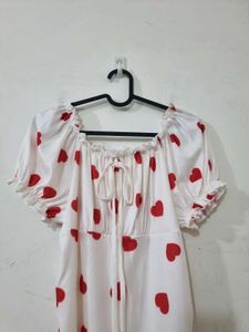 White Heart Print Ruched Midi Dress.