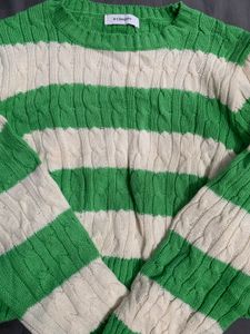 Green &amp; Cream Striped Cable Knit Sweater