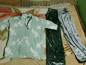 Comfy Mint Green Printed Top &amp; Velvet Pants Set
