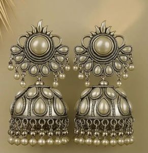 Oxidized Jhumka Earrings with Pearls