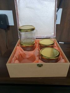 Wooden Box With 4 Glass Jars