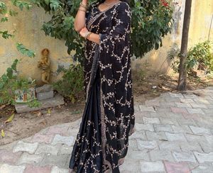 Elegant Black partywear Saree with roseGold Embroi